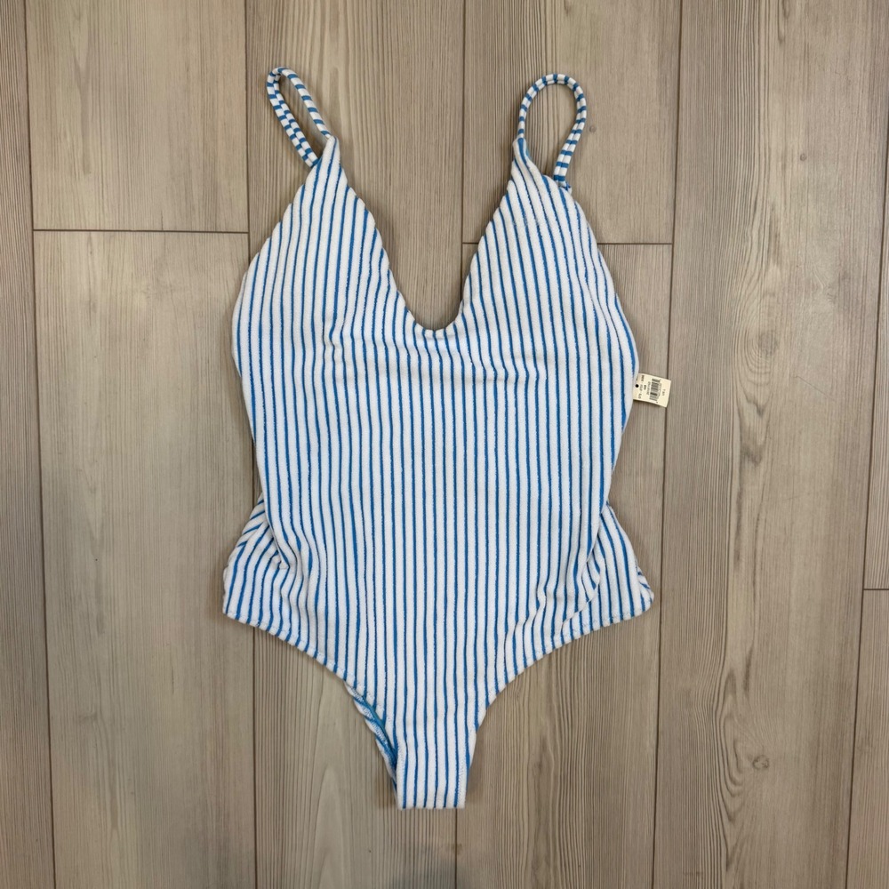 Aerie Blue White Striped Terry Cloth One Piece Cheeky Swimsuit Large NWT